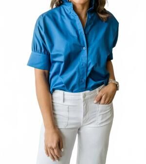 NEW HEIDI HOUSTON short sleeve ruffle shirt in bright blue